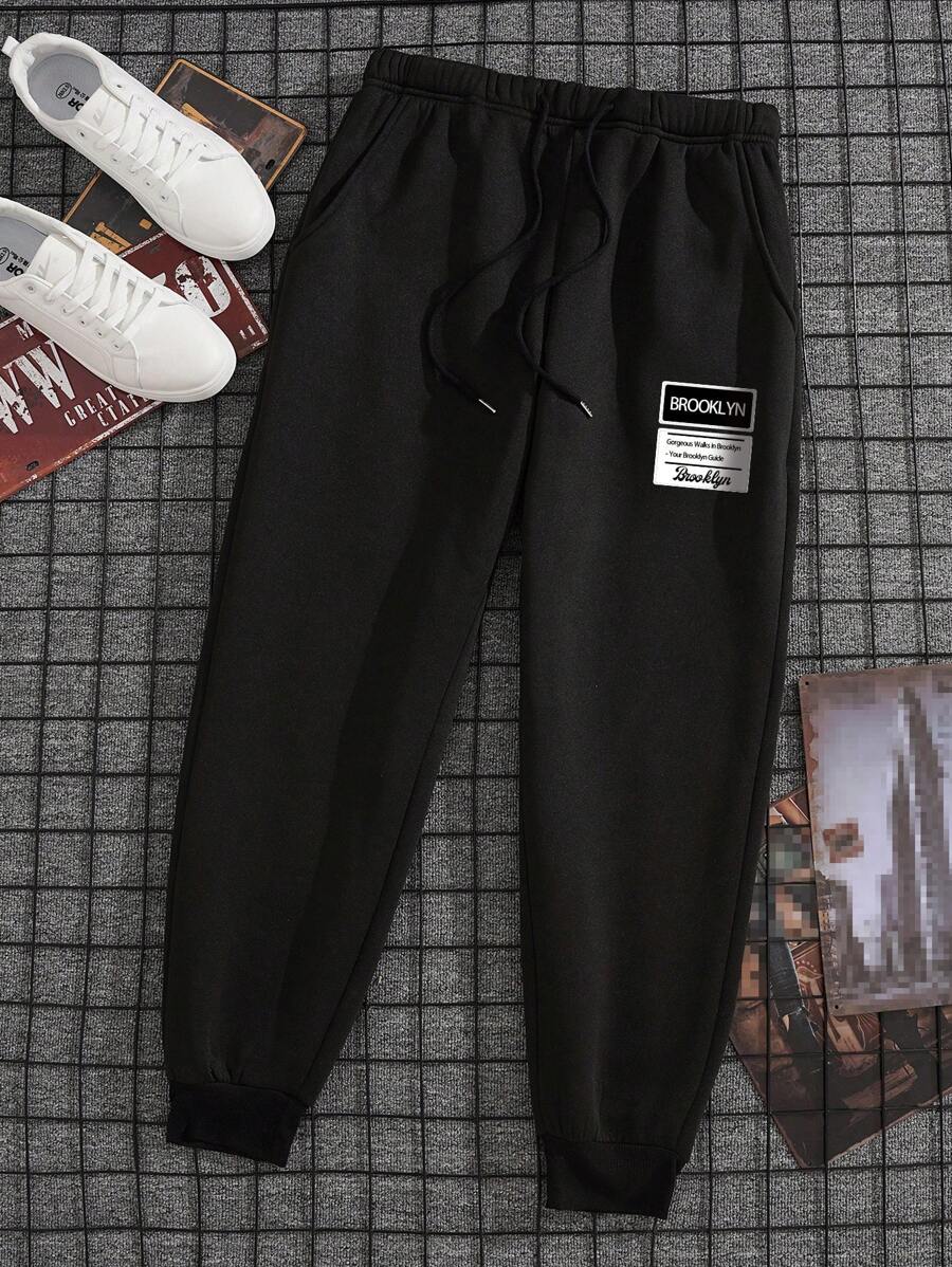 Manfinity Dauomo 男士標語圖案腰部抽繩衛褲 - 黑色 - 查看 1