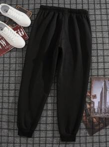 Manfinity Dauomo 男士標語圖案腰部抽繩衛褲 - 黑色 - 查看 2