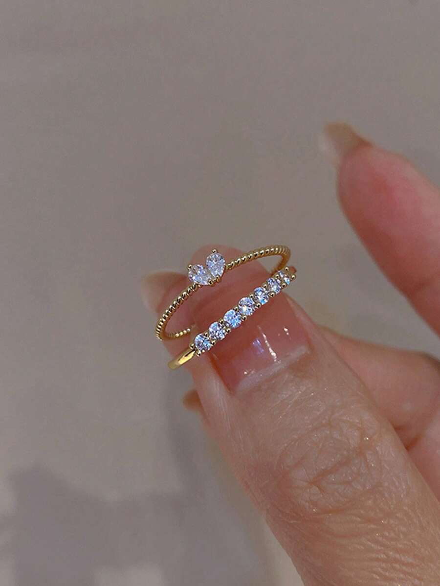 2pcs/set Fashionable Zinc Alloy Rhinestone Decor Cuff Ring For Women For Daily Decoration - Yellow Gold - View 1