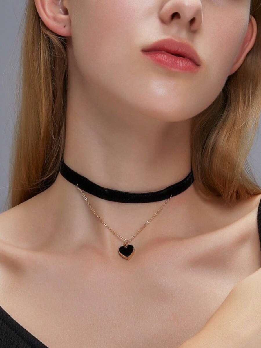 1Pc Hợp Kim Kẽm Thời Trang Trái Tim Charm Lớp Vòng Cổ Cho Nữ Trang Trí Hàng Ngày - Nhiều màu - Xem 1
