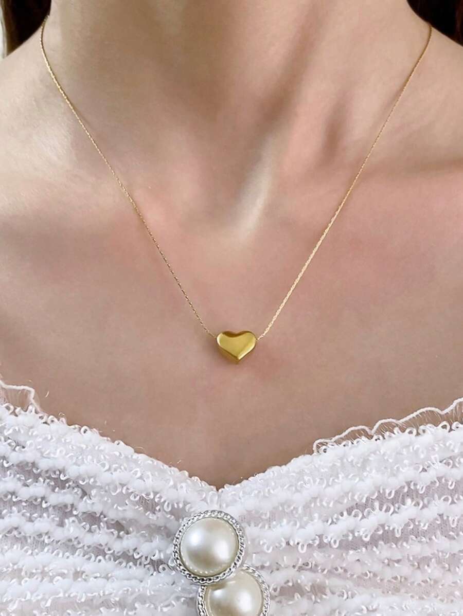 1入組心形鈦鋼吊墜項鍊女式簡約百搭鎖骨鏈 - 金黃色 - 查看 1