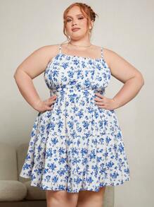 SHEIN CURVE+ Đầm Plus Size Lộ Lưng Viên lá sen Dải chun Nếp gấp Phần Ngực Hoa Tất cả trên in Boho - Xanh và trắng - Xem 3