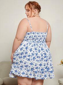 SHEIN CURVE+ Đầm Plus Size Lộ Lưng Viên lá sen Dải chun Nếp gấp Phần Ngực Hoa Tất cả trên in Boho - Xanh và trắng - Xem 2