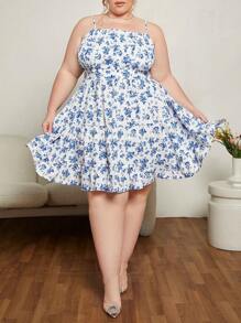 SHEIN CURVE+ Đầm Plus Size Lộ Lưng Viên lá sen Dải chun Nếp gấp Phần Ngực Hoa Tất cả trên in Boho - Xanh và trắng - Xem 1