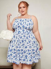 SHEIN CURVE+ Đầm Plus Size Lộ Lưng Viên lá sen Dải chun Nếp gấp Phần Ngực Hoa Tất cả trên in Boho - Xanh và trắng - Xem 4