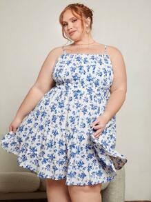 SHEIN CURVE+ Đầm Plus Size Lộ Lưng Viên lá sen Dải chun Nếp gấp Phần Ngực Hoa Tất cả trên in Boho - Xanh và trắng - Xem 5