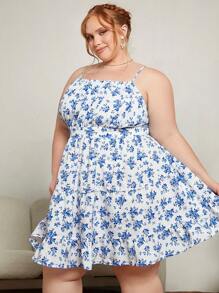 SHEIN CURVE+ Đầm Plus Size Lộ Lưng Viên lá sen Dải chun Nếp gấp Phần Ngực Hoa Tất cả trên in Boho - Xanh và trắng - Xem 7