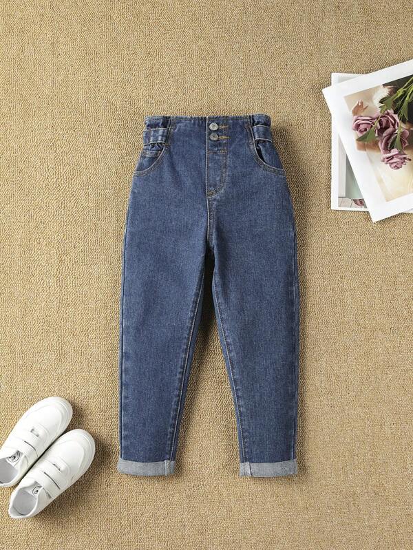 Calça jeans feminina com cintura floral combinada para escola e moda