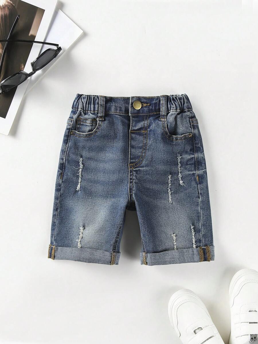 SHEIN Explorewe Chàng trai trẻ Rách Cán Hem Quần short Denim - Rửa trung bình - Xem 1