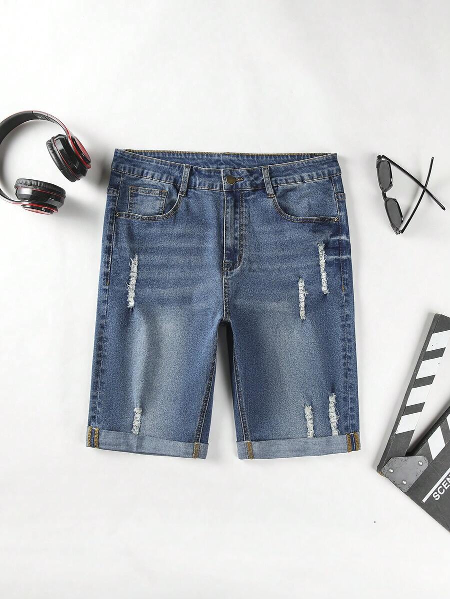 Manfinity Homme Nam Quần short Denim Bông Rách Frayed Cuộn Hem - Rửa trung bình - Xem 1