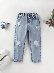 Toddler Girls Ripped Straight Leg Jeans - Medium Wash - View 1