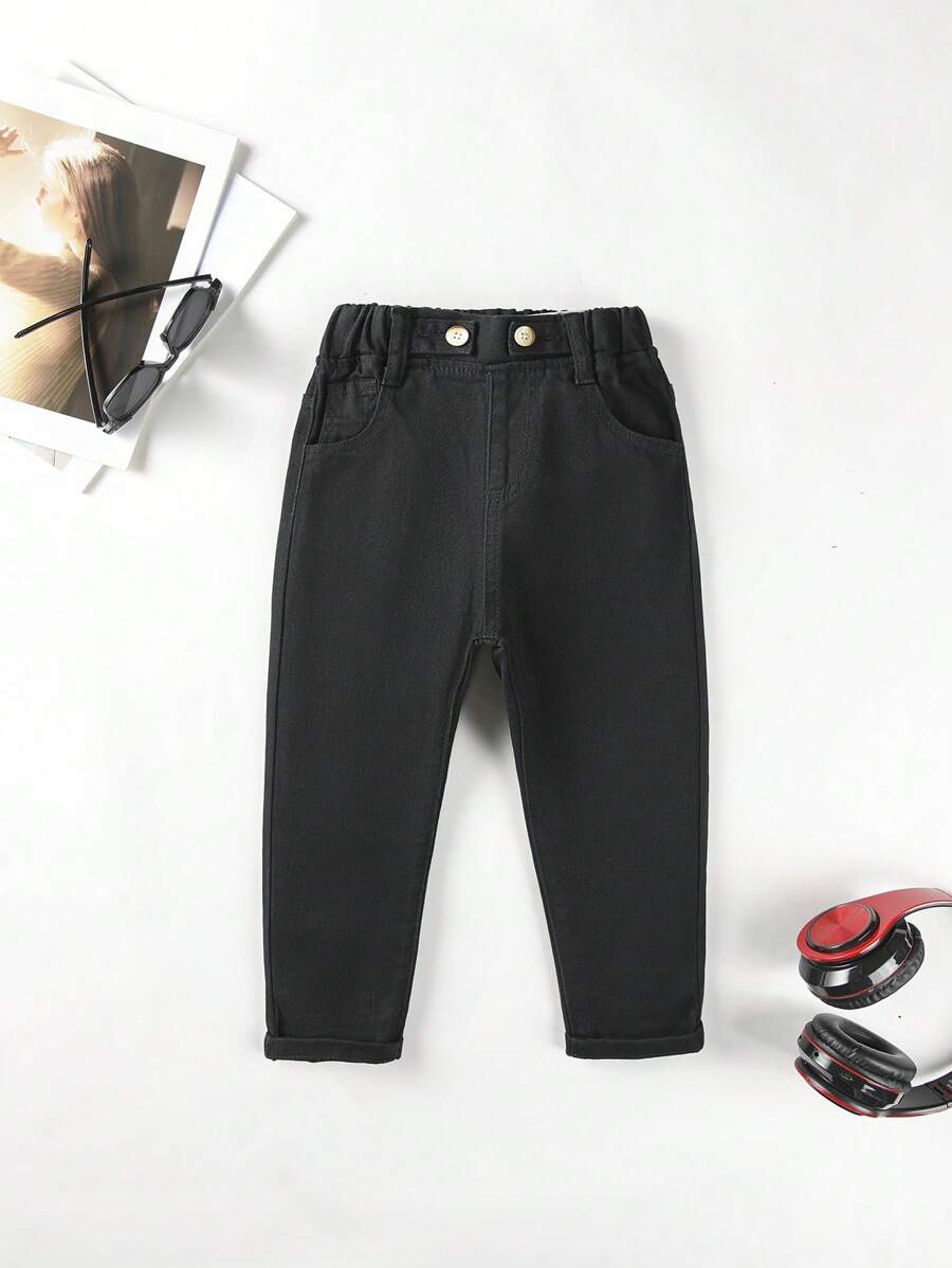 Toddler Boy Quần Jeans Túi Nút màu trơn - màu đen - Xem 1