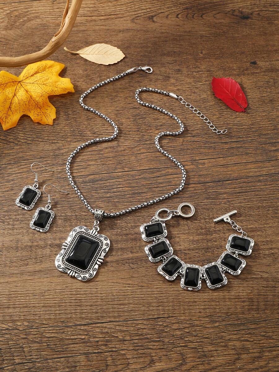 4入组/套時尚鋅合金矩形裝飾首飾套裝適合女士日常裝飾 - 彩色 - 查看 1