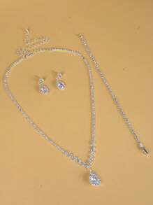 4pcs/set Luxury Rhinestone Water-drop Decor Jewelry Set For Women For Wedding Party - Silver - View 4