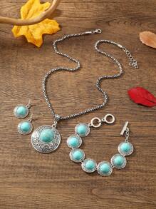 4 Cái/bộ Boho Hợp Kim Kẽm Hoa Chi Tiết Tròn & Xanh Ngọc Trang Trí Bộ Trang Sức Nữ Cho Trang Trí Hàng Ngày - Nhiều màu - Xem 1