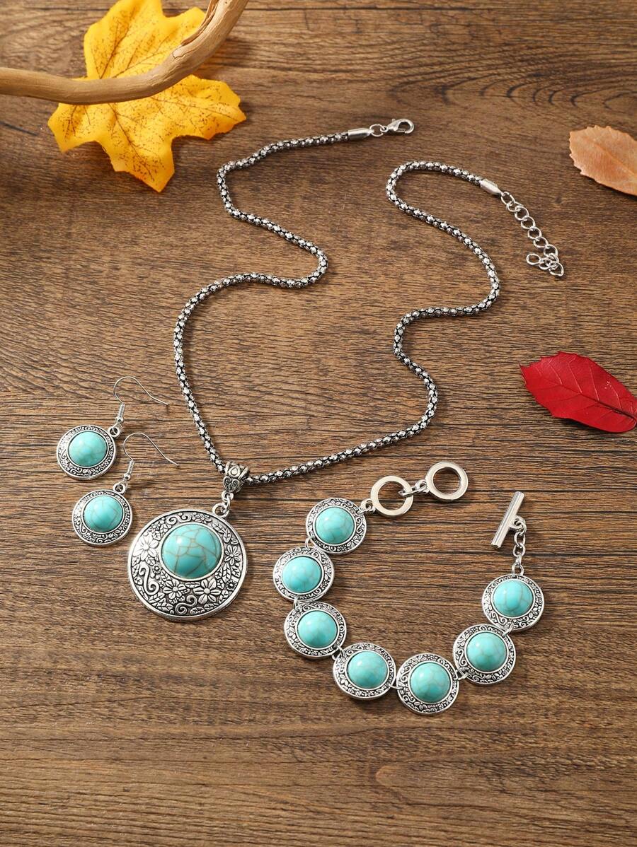 4 Cái/bộ Boho Hợp Kim Kẽm Hoa Chi Tiết Tròn & Xanh Ngọc Trang Trí Bộ Trang Sức Nữ Cho Trang Trí Hàng Ngày - Nhiều màu - Xem 1