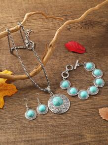 4 Cái/bộ Boho Hợp Kim Kẽm Hoa Chi Tiết Tròn & Xanh Ngọc Trang Trí Bộ Trang Sức Nữ Cho Trang Trí Hàng Ngày - Nhiều màu - Xem 2