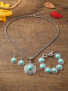 4 Cái/bộ Boho Hợp Kim Kẽm Hoa Chi Tiết Tròn & Xanh Ngọc Trang Trí Bộ Trang Sức Nữ Cho Trang Trí Hàng Ngày - Nhiều màu - Xem 4