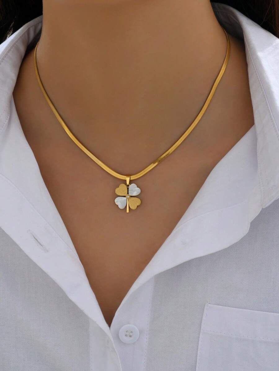 LIEBEIRIS 1 件不锈钢蛇骨链配四叶草吊坠项链，适合女性日常装扮和情人节、妈妈、母亲、母亲节、礼物 - 彩色 - 查看 1