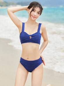 SHEIN Swim Plain Twist Front Bikini Set For Summer Beach - Blue - View 1