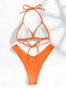 SHEIN Swim 夏季海滩吊带三角高开叉比基尼套装、度假比基尼、泳衣 - 橘色 - 查看 2