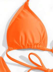 SHEIN Swim 夏季海滩吊带三角高开叉比基尼套装、度假比基尼、泳衣 - 橘色 - 查看 3