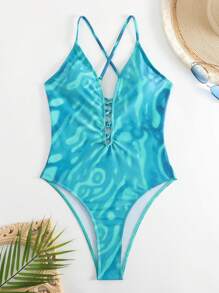 滿版印花深V領前交叉連體泳衣