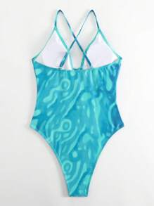 滿版印花深V領前交叉連體泳衣