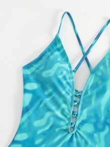 滿版印花深V領前交叉連體泳衣