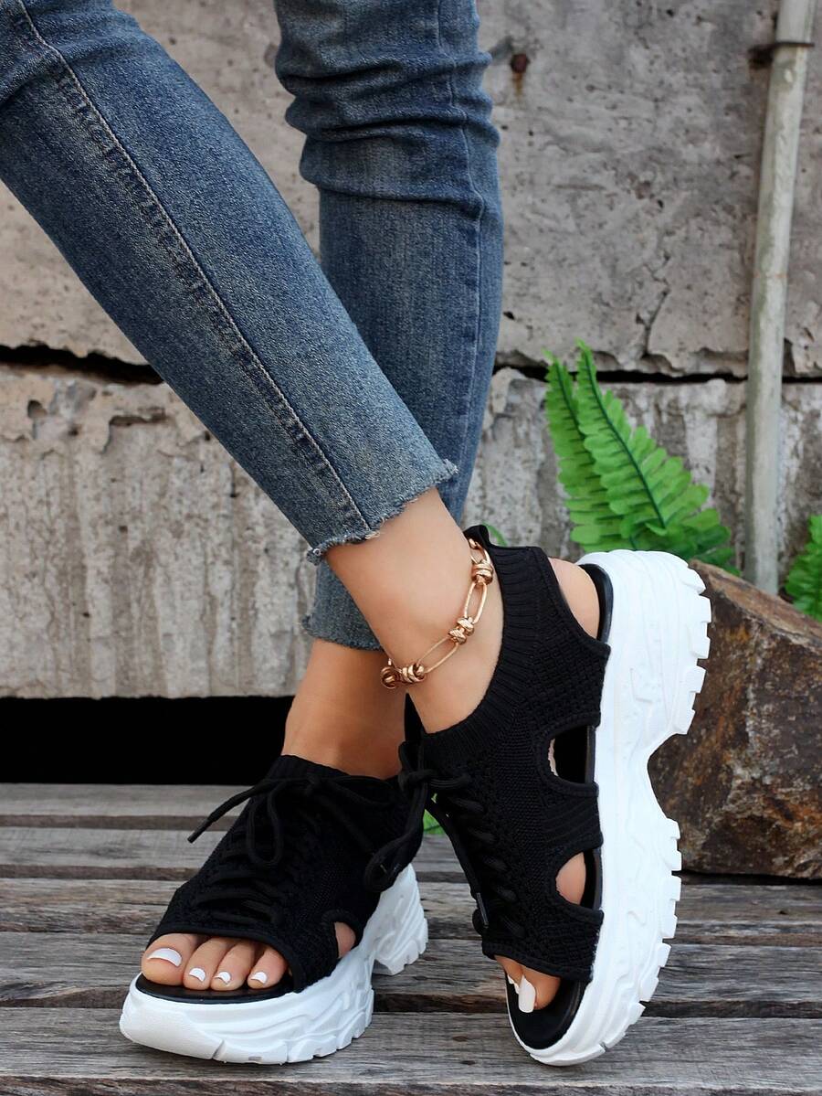 運動黑色涼鞋適用於女士鏤空前綁帶運動涼鞋