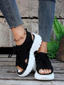 運動黑色涼鞋適用於女士鏤空前綁帶運動涼鞋