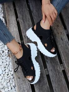 運動黑色涼鞋適用於女士鏤空前綁帶運動涼鞋