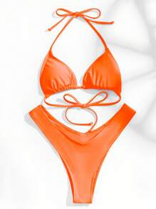SHEIN Swim 夏季海滩吊带三角高开叉比基尼套装、度假比基尼、泳衣 - 橘色 - 查看 4