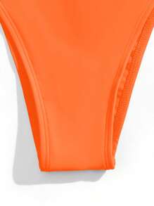SHEIN Swim 夏季海滩吊带三角高开叉比基尼套装、度假比基尼、泳衣 - 橘色 - 查看 5