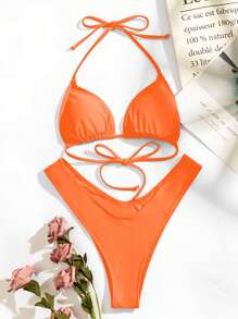 SHEIN Swim 夏季海滩吊带三角高开叉比基尼套装、度假比基尼、泳衣 - 橘色 - 查看 6