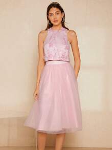 SHEIN Belle 1入組花卉刺繡貼花背心上衣和1入組網紗半身裙 - 淺粉色 - 查看 3