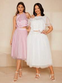 SHEIN Belle 1入組花卉刺繡貼花背心上衣和1入組網紗半身裙 - 淺粉色 - 查看 2