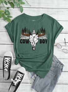 SHEIN LUNE Áo thun nữ Thú vật Lá thư Giải trí - màu xanh lá - Xem 1