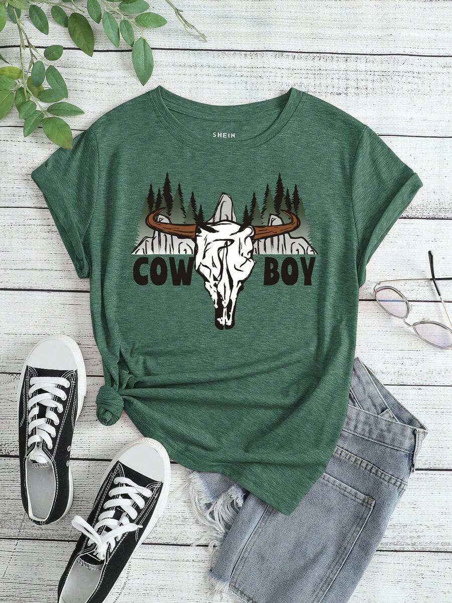 SHEIN LUNE Áo thun nữ Thú vật Lá thư Giải trí - màu xanh lá - Xem 1