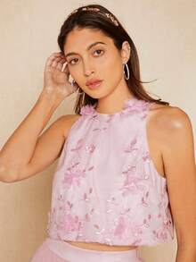 SHEIN Belle 1入組花卉刺繡貼花背心上衣和1入組網紗半身裙 - 淺粉色 - 查看 7