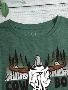 SHEIN LUNE Áo thun nữ Thú vật Lá thư Giải trí - màu xanh lá - Xem 3