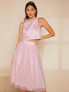 SHEIN Belle 1入組花卉刺繡貼花背心上衣和1入組網紗半身裙 - 淺粉色 - 查看 8