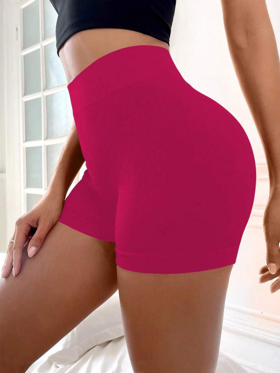 Easithlete 寬腰帶條紋針織運動短褲 - 玫紅色 - 查看 1