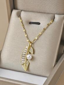 1入組時尚不銹鋼樹葉和人造珍珠吊墜項鍊適合女士適用於節日禮物 - 金黃色 - 查看 1