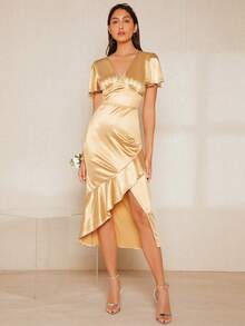 SHEIN Belle Butterfly Sleeve Ruffle Trim Ruched Bust Satin Bridesmaid Dress - Apricot - View 3