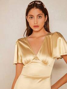 SHEIN Belle Butterfly Sleeve Ruffle Trim Ruched Bust Satin Bridesmaid Dress - Apricot - View 4