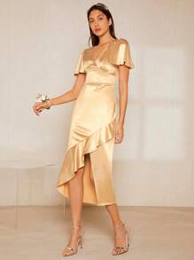 SHEIN Belle Butterfly Sleeve Ruffle Trim Ruched Bust Satin Bridesmaid Dress - Apricot - View 1