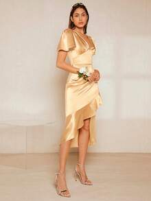 SHEIN Belle Butterfly Sleeve Ruffle Trim Ruched Bust Satin Bridesmaid Dress - Apricot - View 5