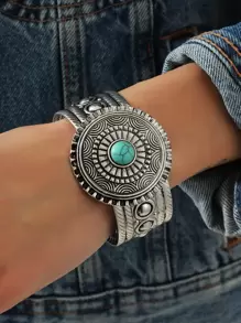 1pc Fashion Iron Alloy Turquoise Stone Decor Bangle For Women For Daily Decoration - Antique Silver - View 1