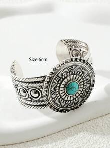 1pc Fashion Iron Alloy Turquoise Stone Decor Bangle For Women For Daily Decoration - Antique Silver - View 3